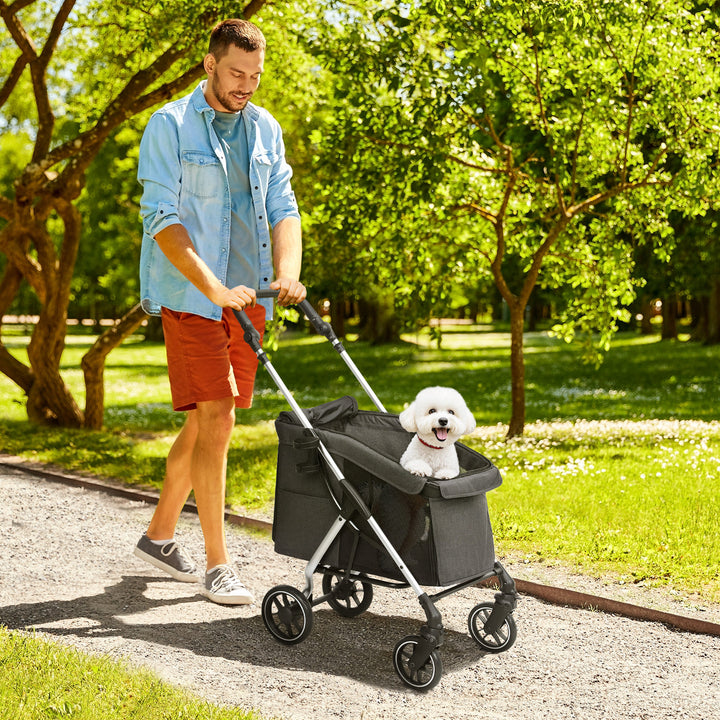 Hundeklapvogn, let og sammenklappelig transportvogn til små hunde, vaskbar hynde, netvindue, grå