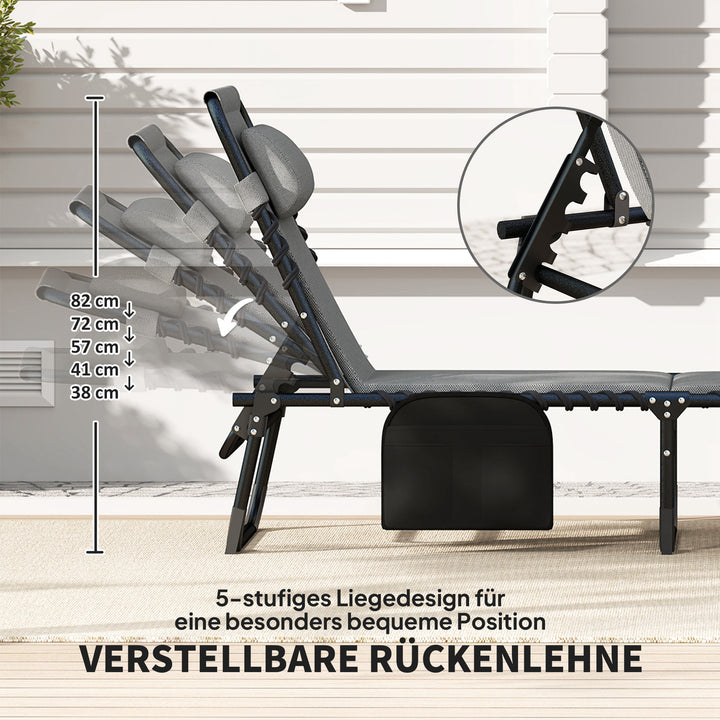 Solseng, liggestol med hynder og sidelomme, havestol, poolstol, polstret liggestol, grå