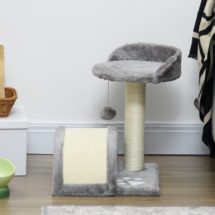 Kradsetræ 46 cm Lille kattetårn med hule, legebold, sisalreb, hævet platform, kradsetræ til katte, klatretræ, til katte op til 4 kg, grå