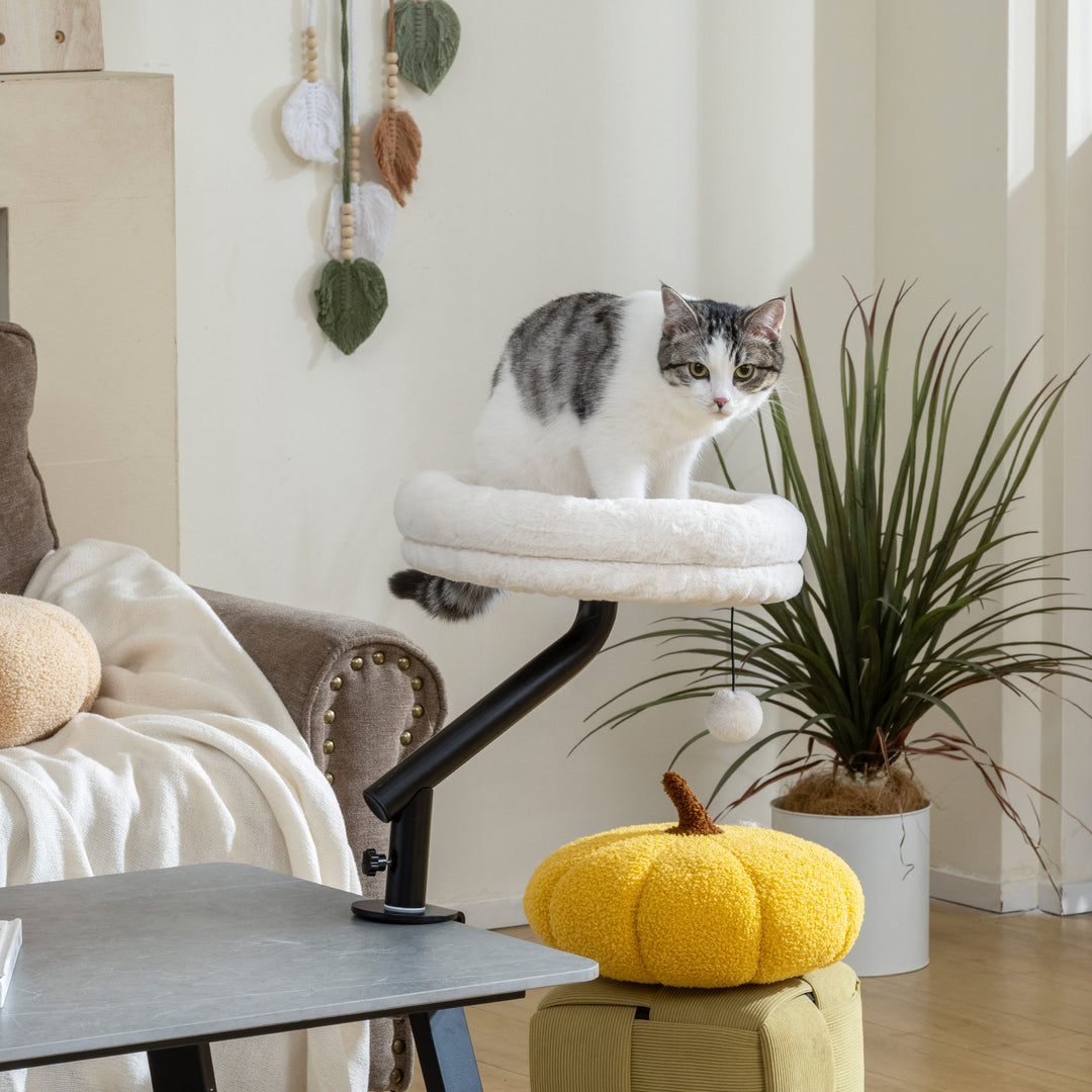 Katteseng til skrivebord, katteseng til skrivebord med 360° rotation, justerbar højde, katteseng med aftagelig, maskinvaskbar seng, til katte under 6 kg, hjemmekontor, cremehvid