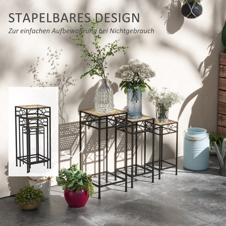 Blomsterstander, sæt med 3, rund, stabelbar, rattan-look, metalben, indendørs og udendørs brug, sort/guld