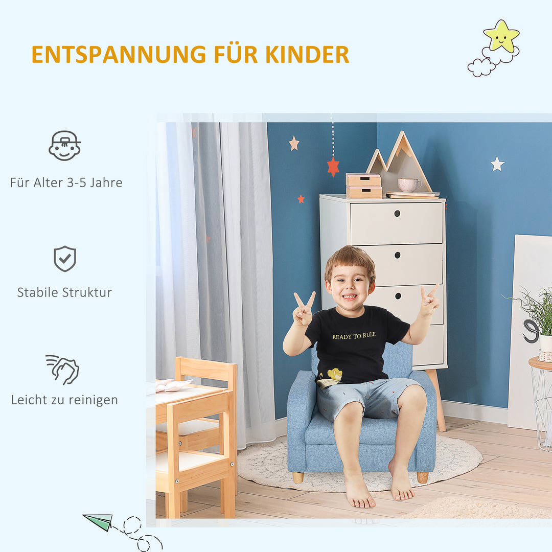 Børnelænestol/sofa med linnedlook, ben i massivt træ, skumpude, børnestol til børneværelse/legerum, 49 x 45 x 44 cm, til børn 3-5 år, blå