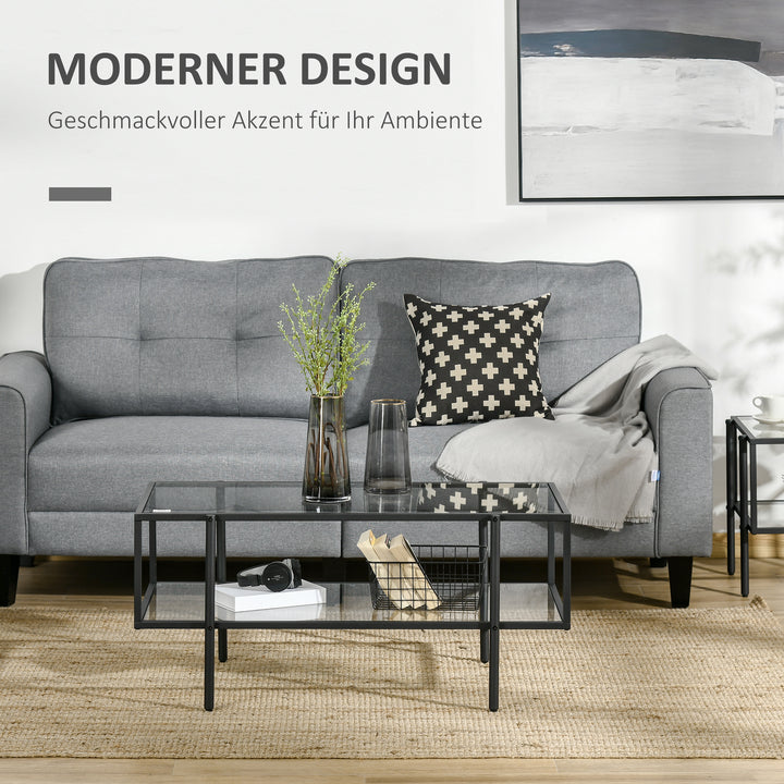 Sofabord med hylde, justerbare fødder, stålstel, glasplade, 100 x 55 x 45,5 cm, hvid
