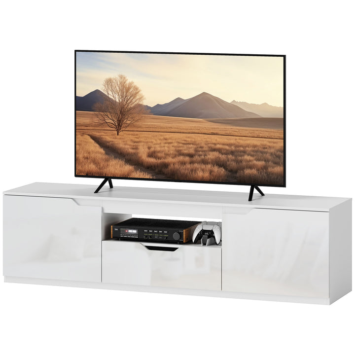 Tv-lavbord, højglans, til tv op til 65'', 3 rum, skuffe, 160 x 38 x 43 cm, hvid