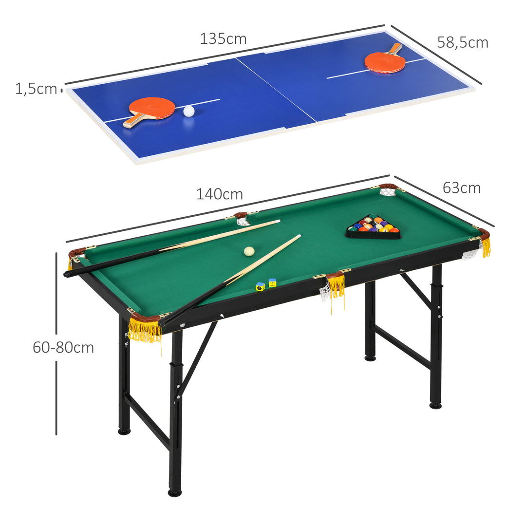 2-I-1 poolbord, bordtennisbord, med tilbehør, 140x63x80cm, blå/grøn