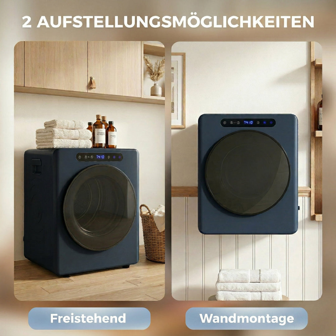 5 kg udluftet tørretumbler, 1000W kompakt fritstående frontbetjent tørretumbler med tromle i rustfrit stål, timer, blå