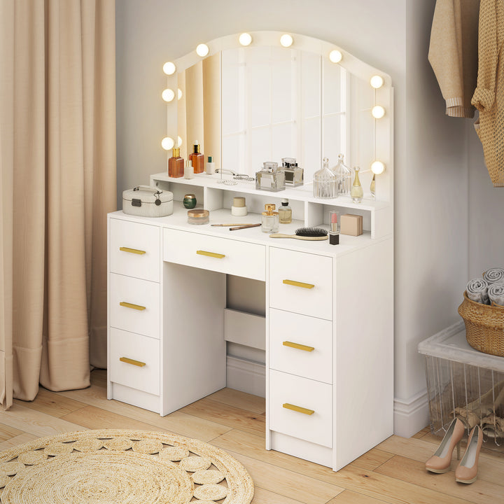 Toiletbord med 10 LED Hollywood-lamper, spejl, 7 skuffer, 3 rum, MDF, hvid