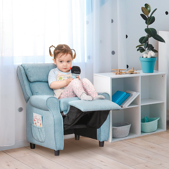 Børnesofa, børnelænestol med fodstøtte, armlæn, justerbar ryglæn, lænestol, børnesofa, stol, dagseng, børnesofa til 3-5-årige drenge og piger, blå