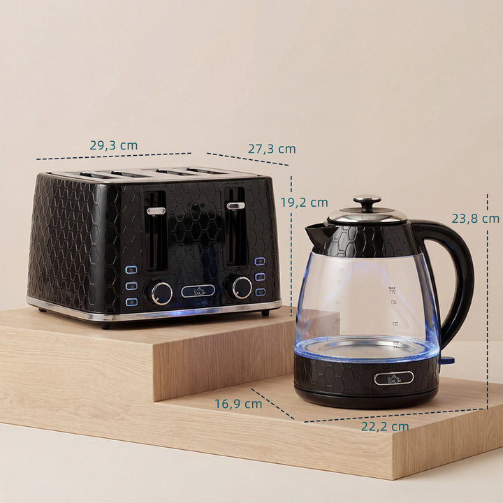 1,7L 2200W elkedel med hurtigkogning og brødristersæt til 4 skiver med kalkfilter, sort