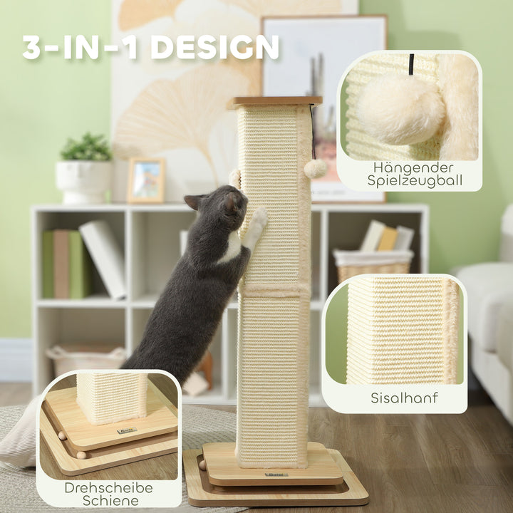 3-I-1 kradsetræ med legestang, legebold, sisal, op til 10 kg, 39,5 x 39,5 x 87 cm, eg/creme