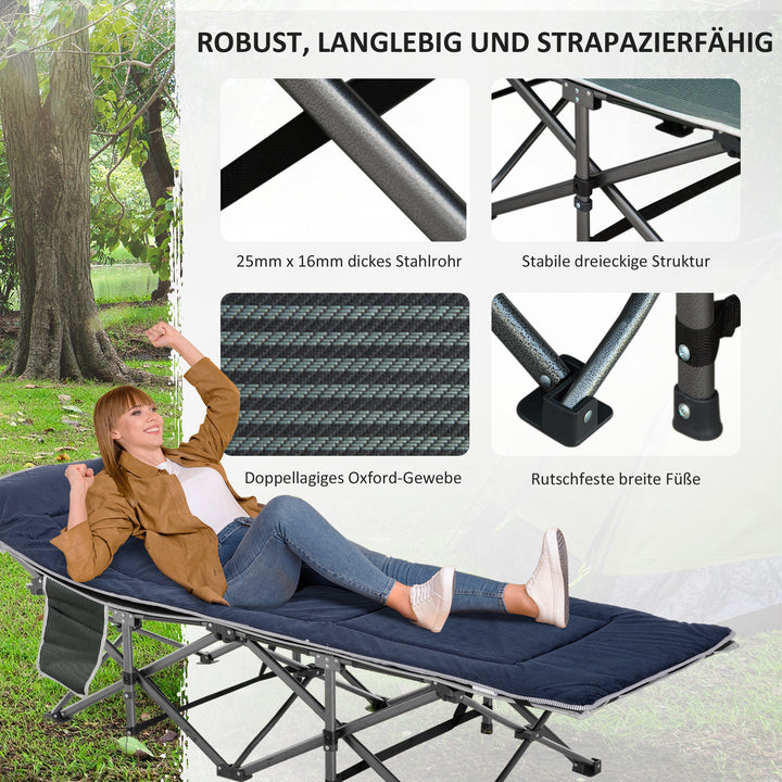 Campingseng, foldbar feltseng med pude, 188 x 64,5 x 53 cm, mørkeblå+grå