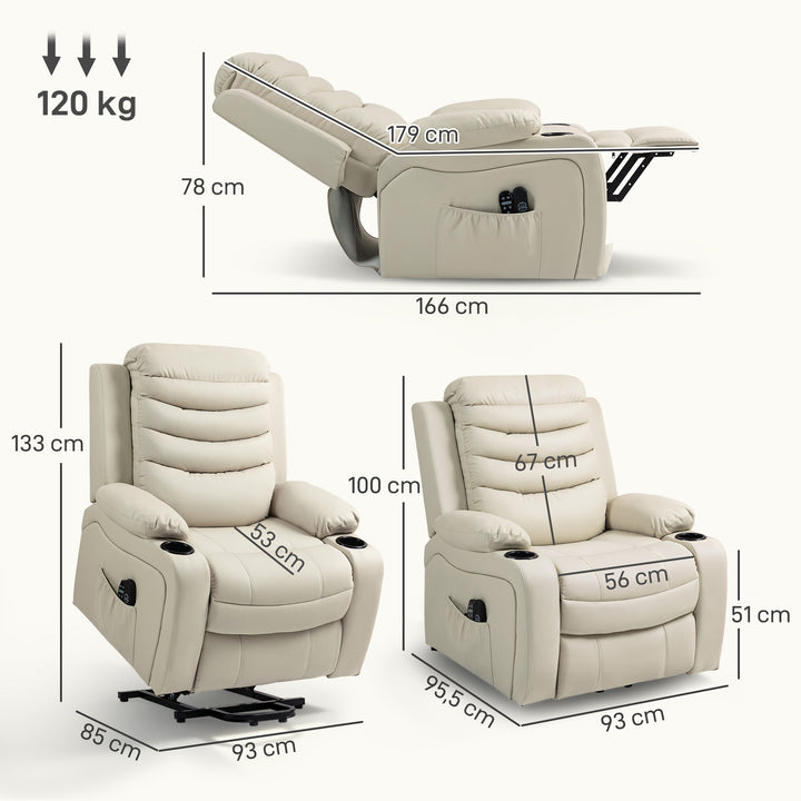 Elektrisk TV-lænestol med løftefunktion, massage, varme, USB-porte, PU, creme