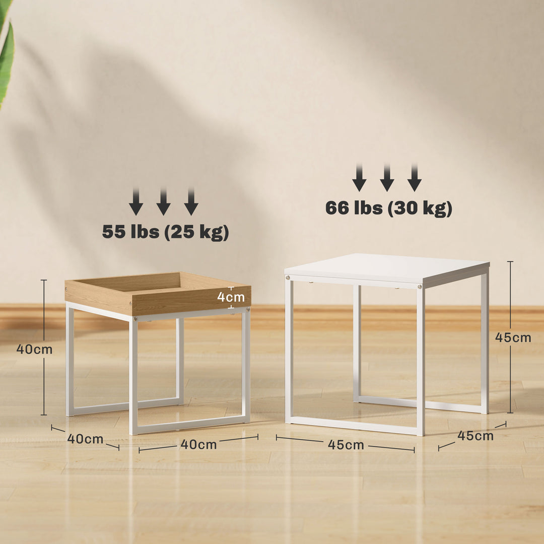 Moderne sofabord, sæt med 2 sofaborde, til små rum, firkantet, mdf, metal, hvid