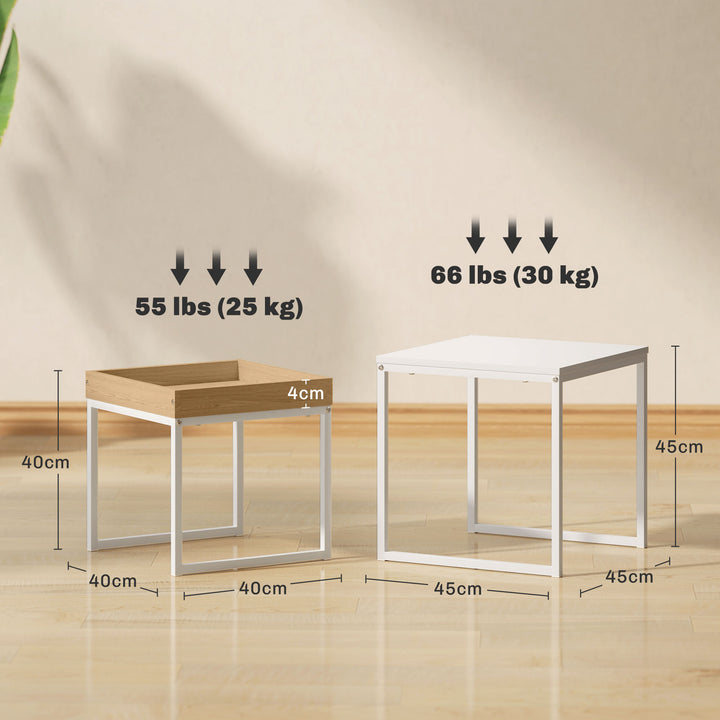 Moderne sofabord, sæt med 2 sofaborde, til små rum, firkantet, mdf, metal, hvid