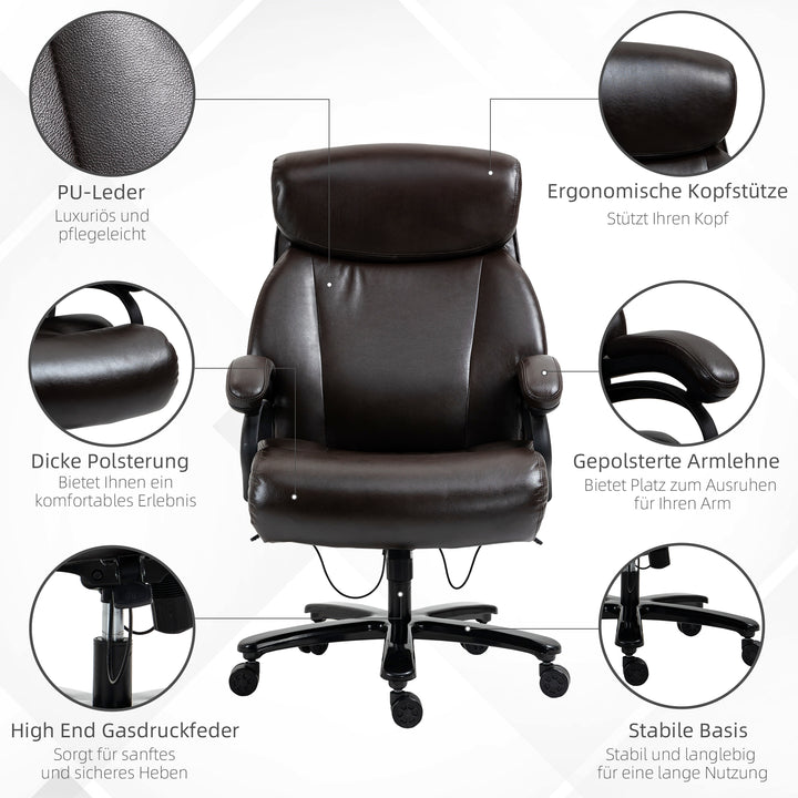 Kontorstol, executive stol, gaming stol, drejestol, gyngefunktion, tyk polstring, 180 kg lasteevne, ergonomisk design, højdejusterbar, kunstlæder, brun, 72 x 83 x 114-122 cm