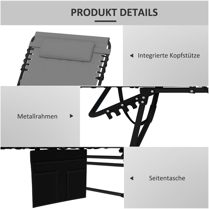 Solseng, haveseng, foldbar, inklusive hynde, vejrbestandig; 188 cm x 65 cm x 36 cm, grå + sort