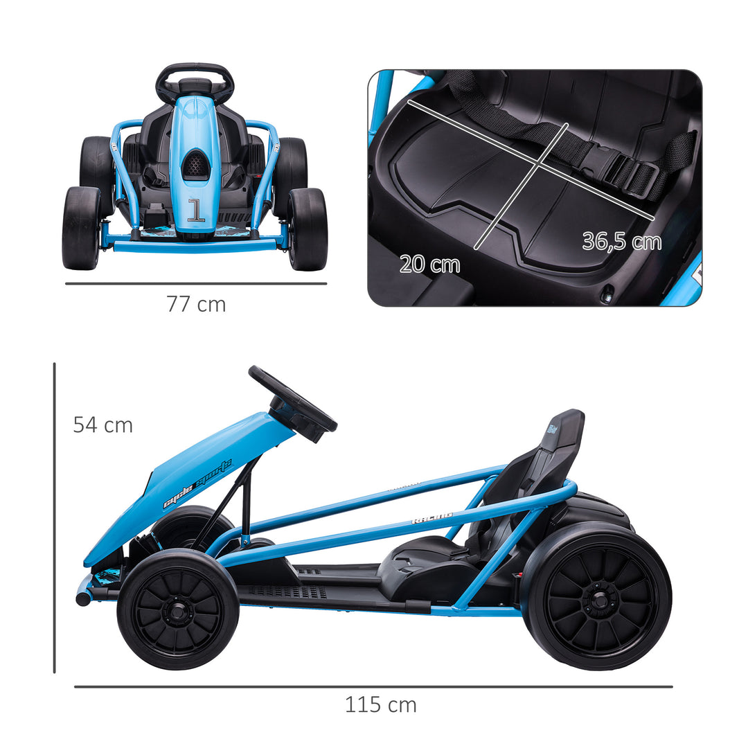 Elektrisk gokart til børn, driftfunktion, horn, musik, sikkerhedssele, blød start, blå/sort