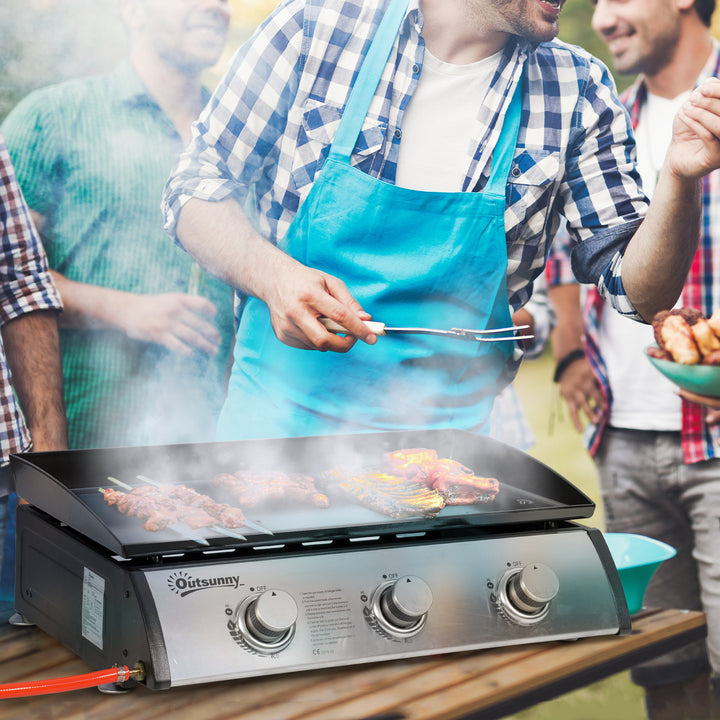 Gasgrill med 3 brændere, slange, non-stick grillplade, rustfrit stål, farve: sølv, 63 x 48 x 21 cm