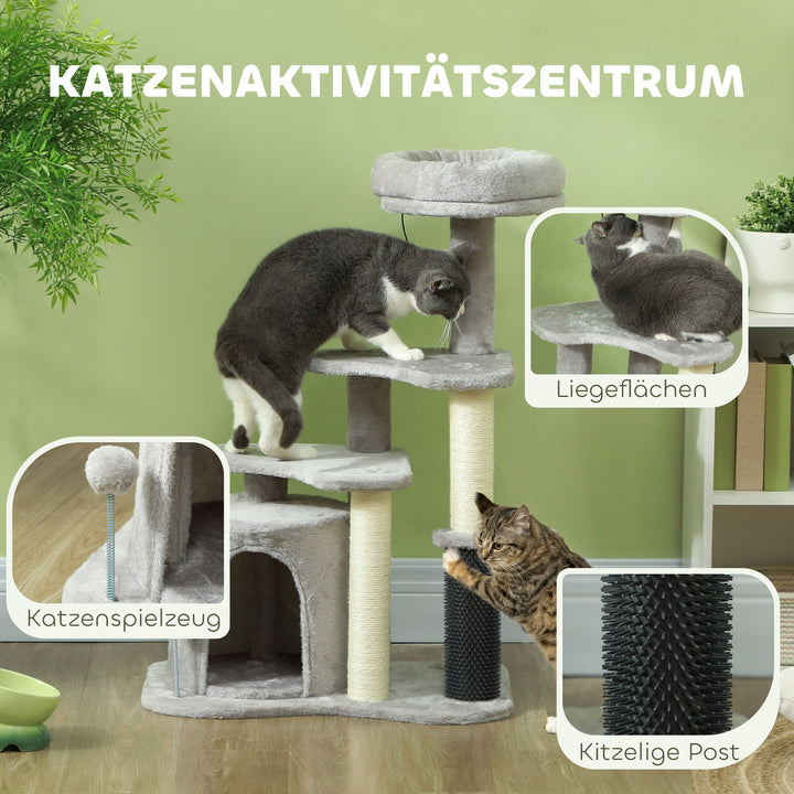Kattelegecenter med kradsetræ, seng, legebolde, plys, 60 x 39 x 87 cm, lysegrå/creme