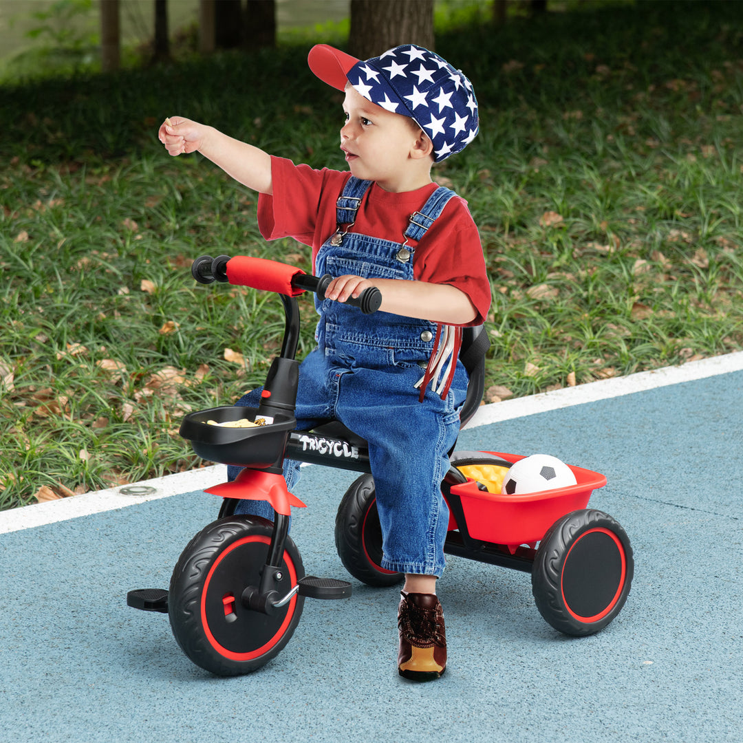 Børnetrecykel med hoftesele, 2 kurve, højdejusterbart sæde, metalstel, til børn 2-5 år, sort+rød