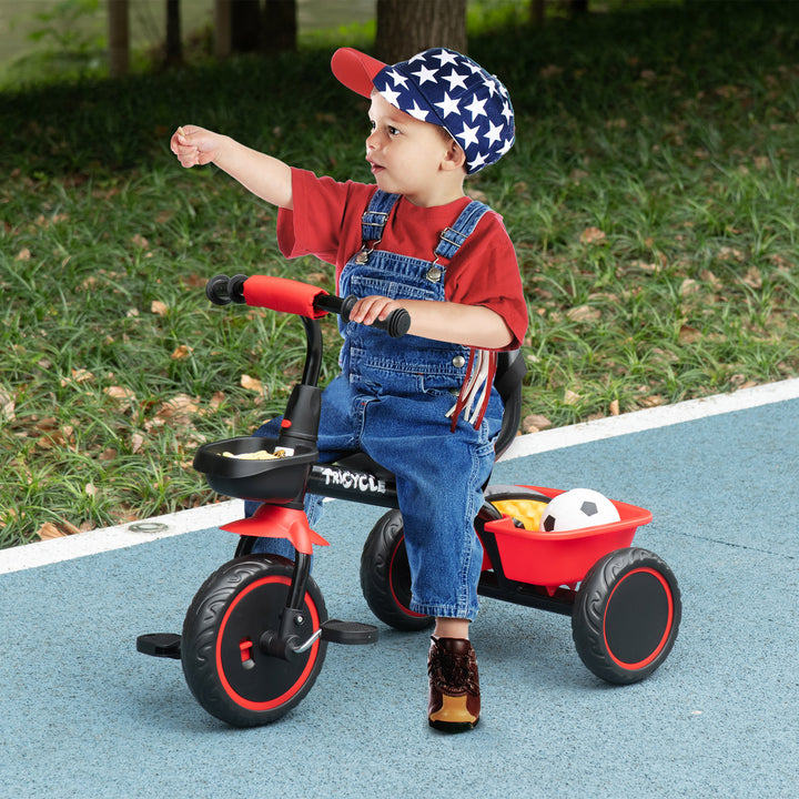 Børnetrecykel med hoftesele, 2 kurve, højdejusterbart sæde, metalstel, til børn 2-5 år, sort+rød