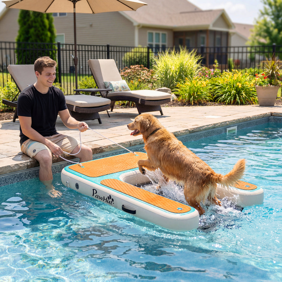 Oppustelig vandrampe til hunde, hunderampe til pools, 151x102 cm, bærbar hundebåd med skridsikker EVA-overflade, orange