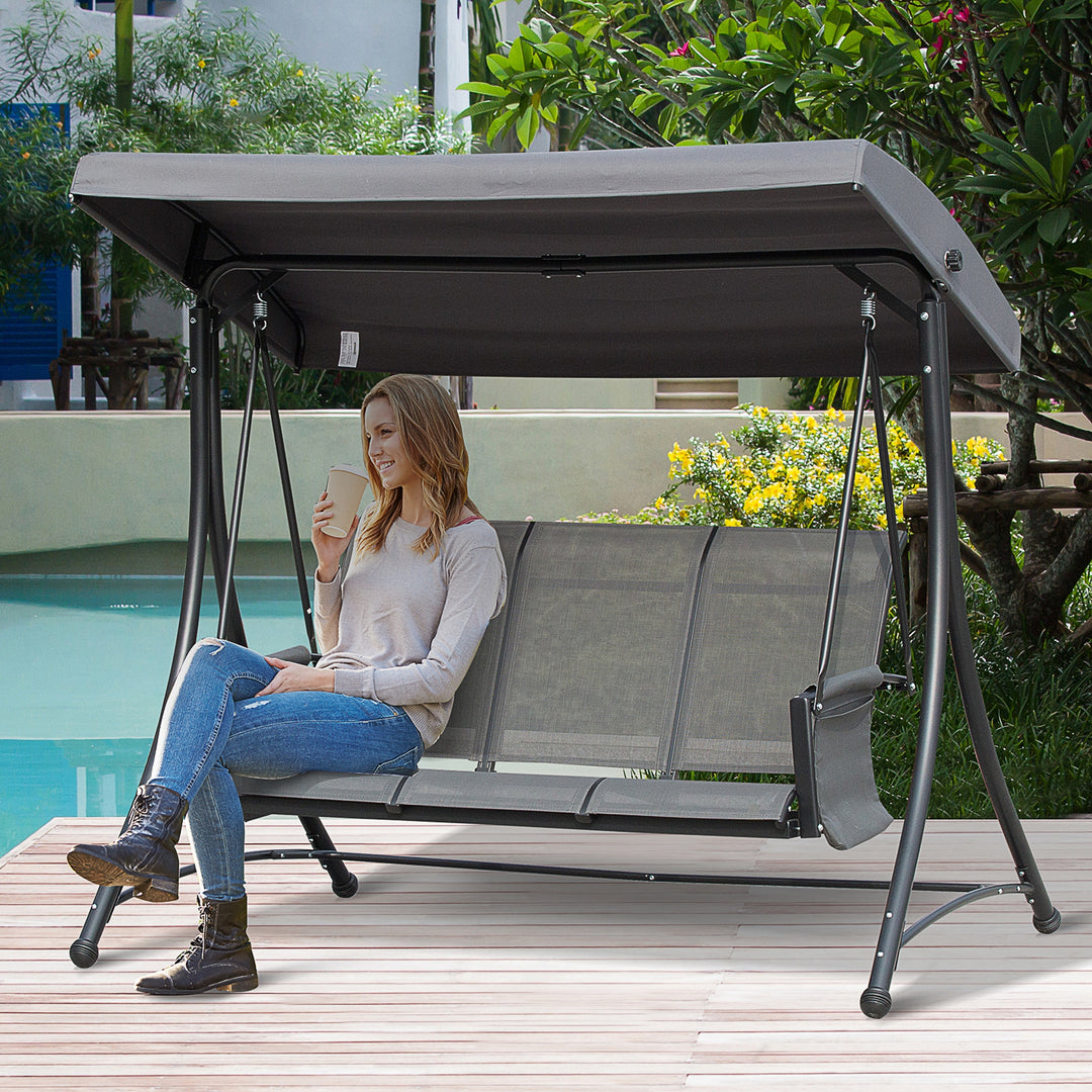 Hollywood-gynge med sidelomme, 3-personers havegynge med justerbar solskærm, gyngebænks bæreevne op til 300 kg, til have, terrasse, 196 x 128 x 172 cm, mørkegrå