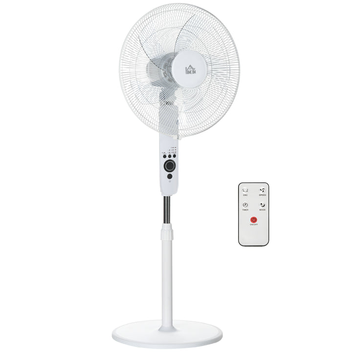 Standventilator med fjernbetjening, højdejusterbar, 3 hastighedsindstillinger, metal, hvid, Ø44,5 x H110-124 cm