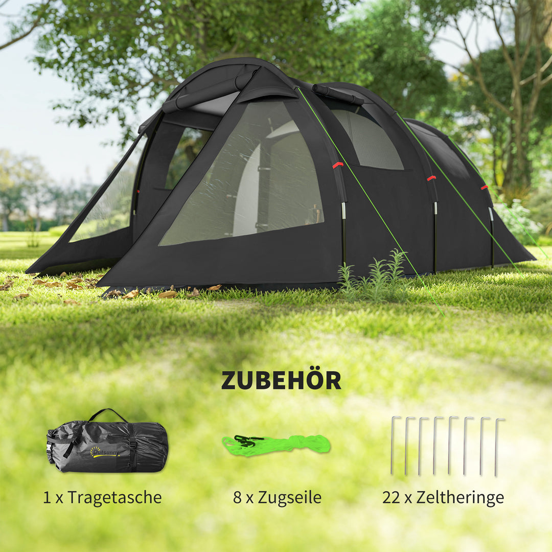 Campingtelt, trekkingtelt, vejrbestandigt, 2 rum, 475 x 264 cm (bredde x højde), sort