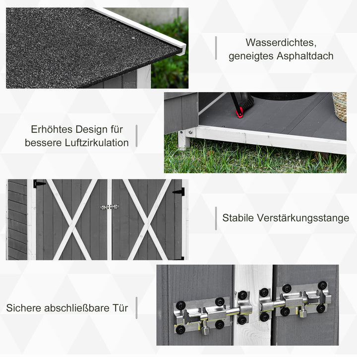 Haveskab med 2 døre, værktøjsskab med asfalttag, haveopbevaringsskab, antidumping design med slebne søm, grantræ, grå + hvid, 139 x 75 x 160 cm