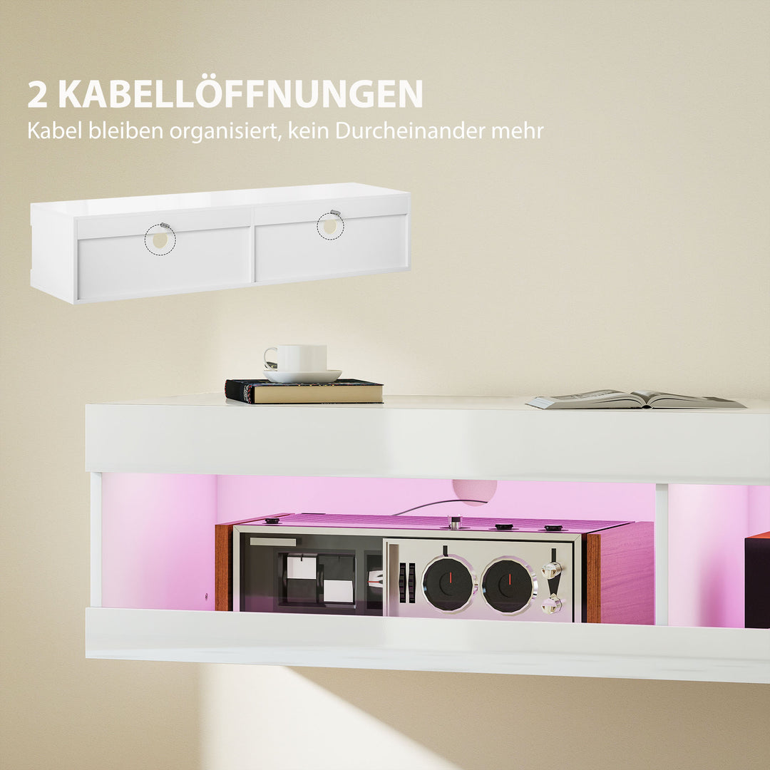 TV-skab, vægmonteret TV-lavbord med RGB LED-belysning i 16 farver, TV-bord med åben opbevaringsplads, til 55-60 tommer TV, til stue, soveværelse, 140 x 40 x 30 cm, hvid højglans