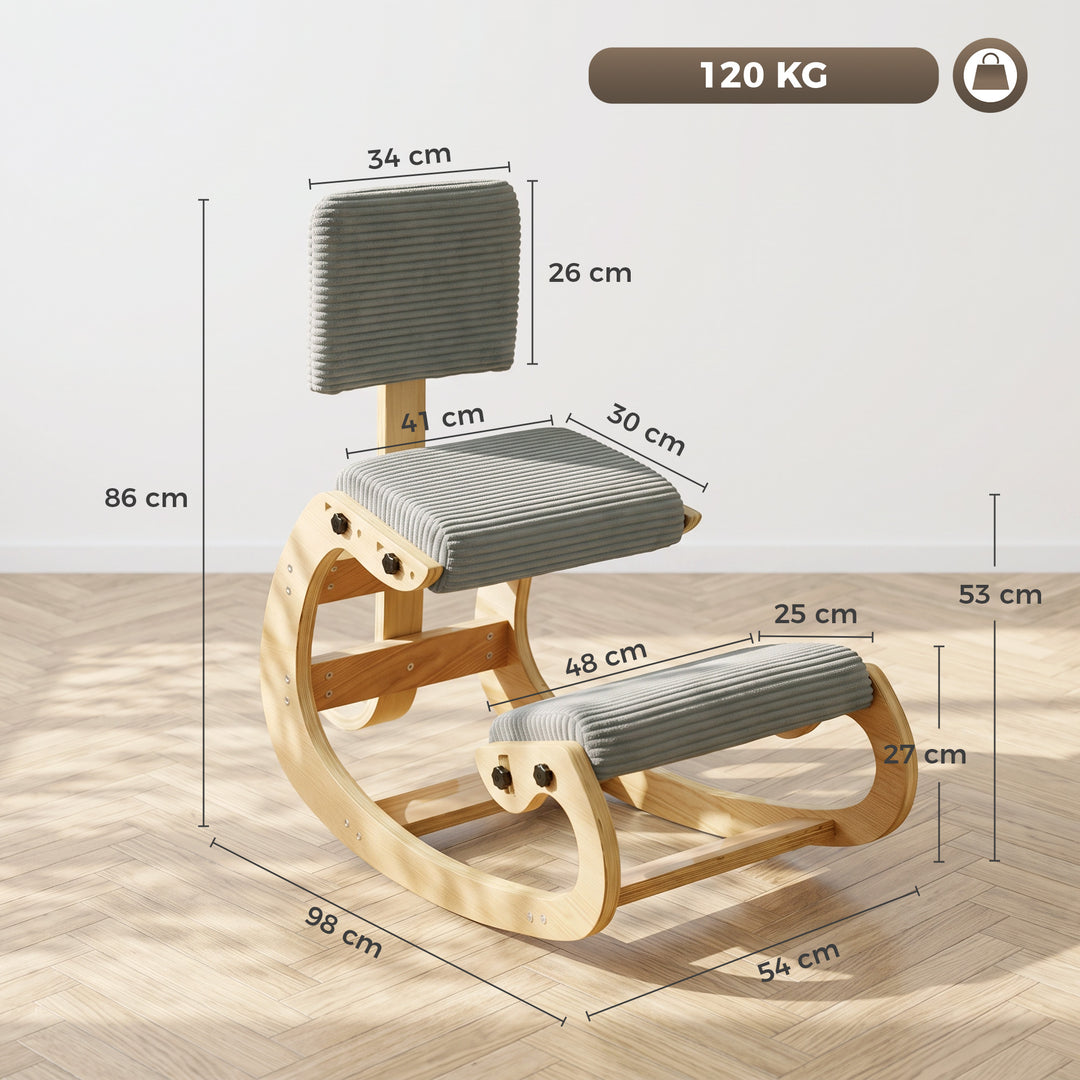 Ergonomisk knælestol med ryglæn, corduroy-look, grå