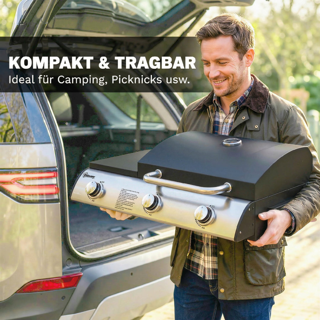Gasgrill 7,5 KW Bærbar bordgrill med 3 brændere, sidebord, stegeplade, emaljerede grillriste, fedtbakke