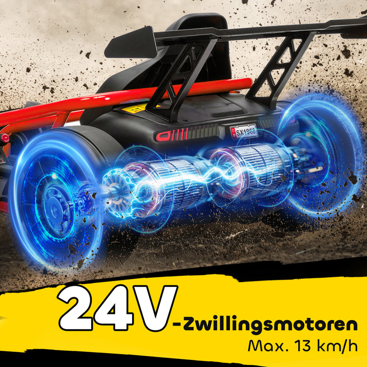 24V elektrisk gokart til kørsel og drifting, nylondæk, sikkerhedssele, horn, musik, til alderen 8-12, rød