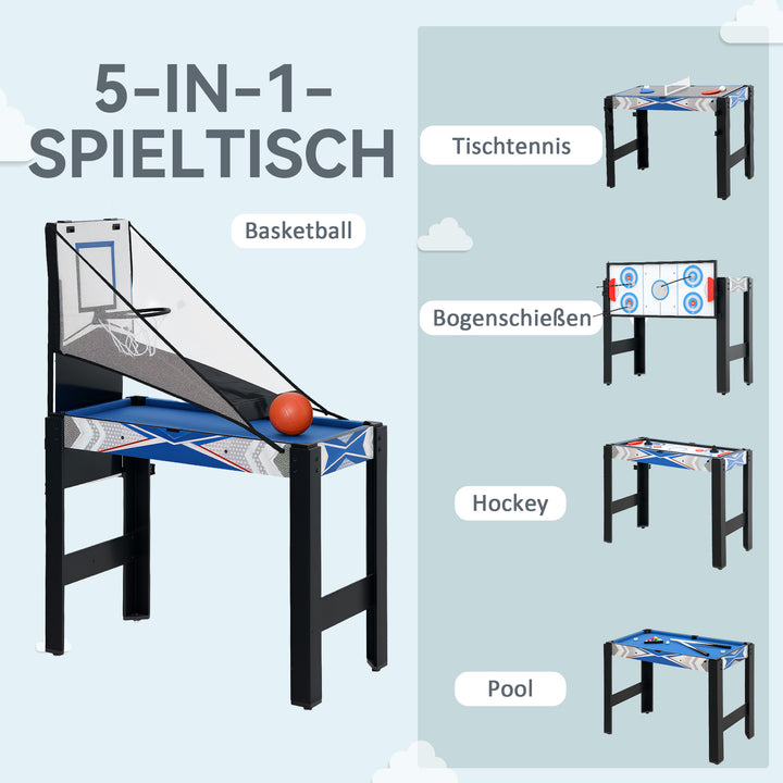 Sportnow 5-i-1 spillebord, billard, bordtennis, hockey, basketball, bueskydning, tilbehør inkluderet, mdf, plastik, blå