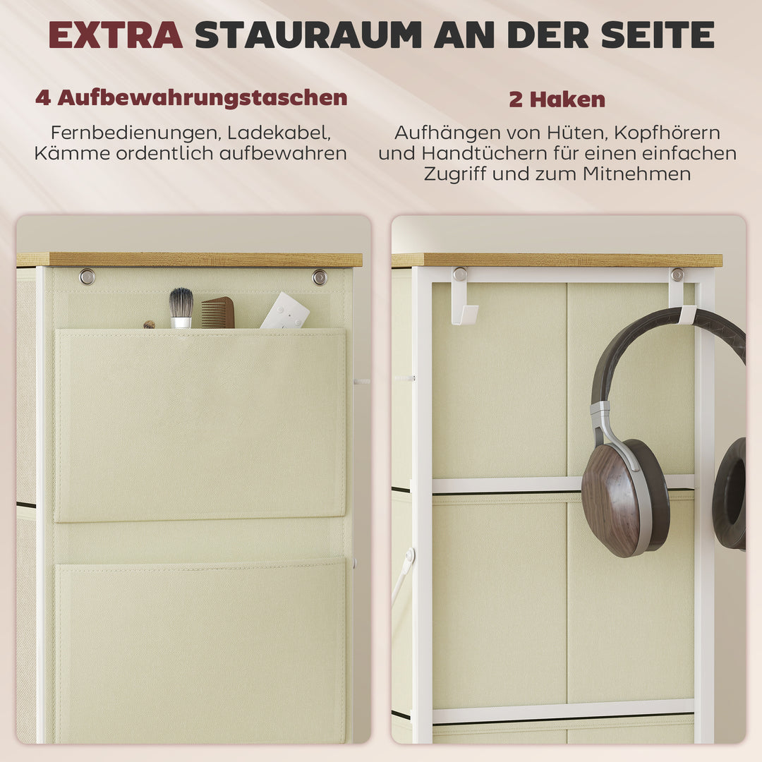 Kommode til soveværelset med 8 stofskuffer, stålstøtter, træfinish, 4 opbevaringslommer, 2 kroge, beige