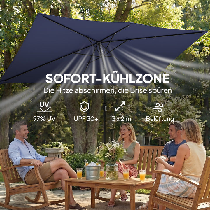 LED solcelleparasol, ca. 300 x 200 cm, vipbar balkonparasol med håndsving, beskyttelsesovertræk, UV-beskyttelse, drejelig, marineblå