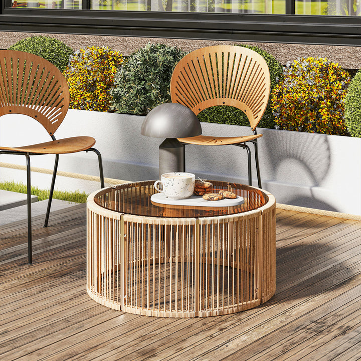 Sidebord af polyrattan, sofabord med hærdet glasplade, havebord med stålstel, 70 x 70 x 33 cm, brun