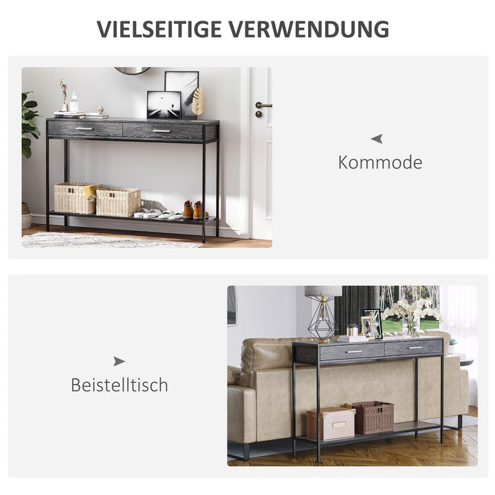 Konsolbord entrébord sidebord 2 skuffer underhylde stålgrå 120 x 30 x 81,5 cm
