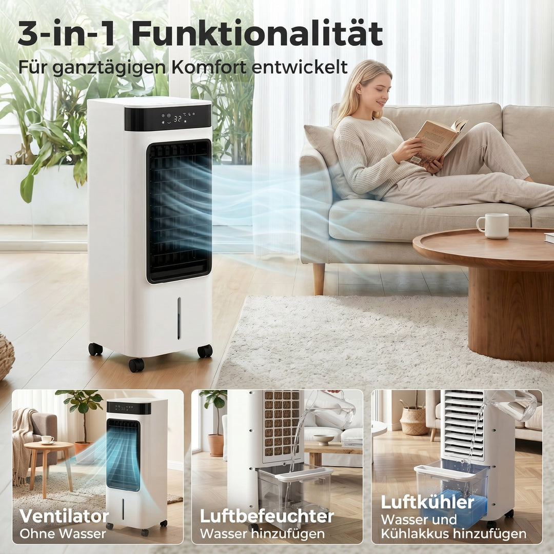 Bærbar luftkøler, 3-i-1 fordampningskøler med 7-liters vandtank, 48° drejefunktion, hvid