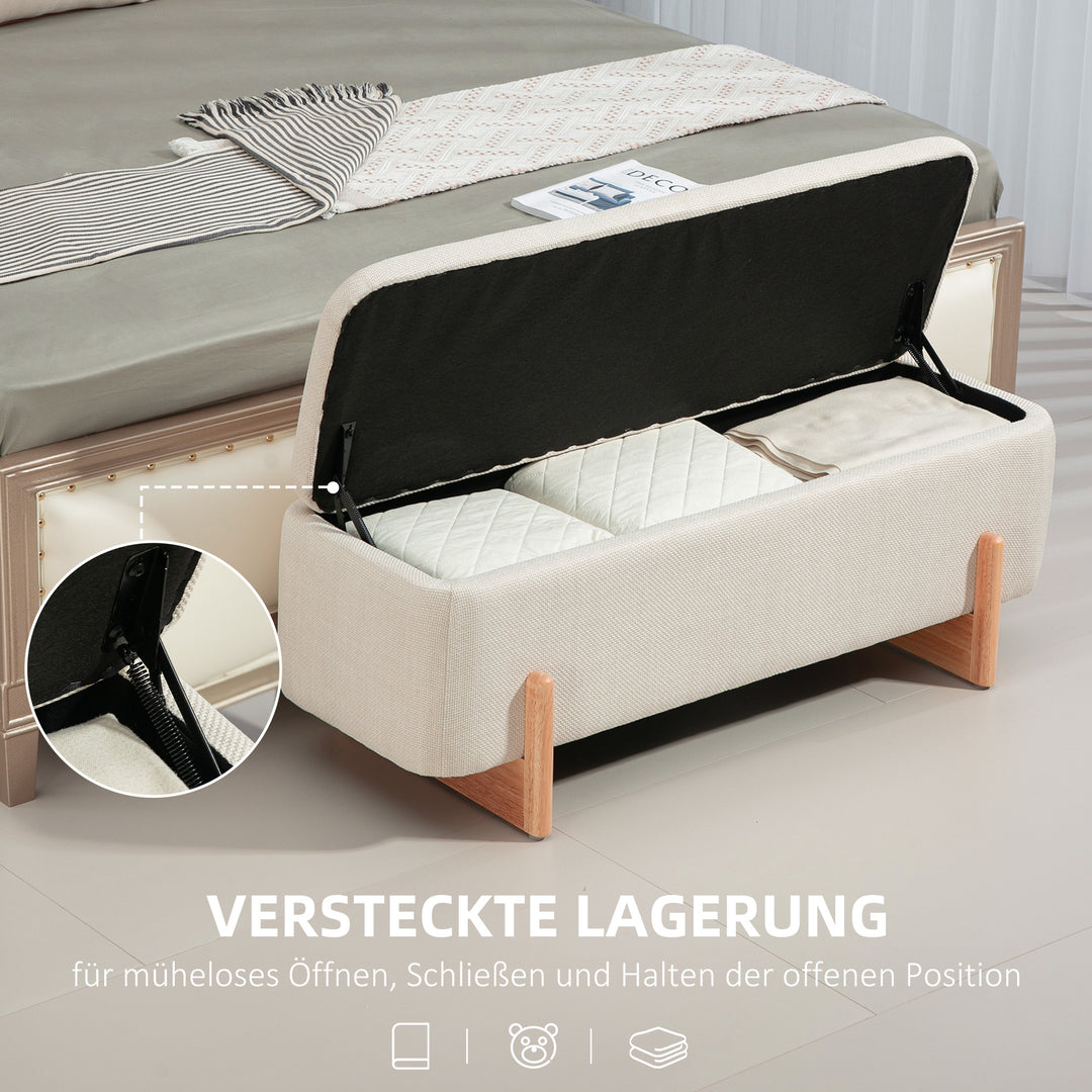Skammel med opbevaringsplads, bænk med skumpolstring, imiteret linned, 111 x 44 x 44,5 cm, cremehvid