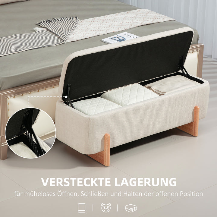 Skammel med opbevaringsplads, bænk med skumpolstring, imiteret linned, 111 x 44 x 44,5 cm, cremehvid