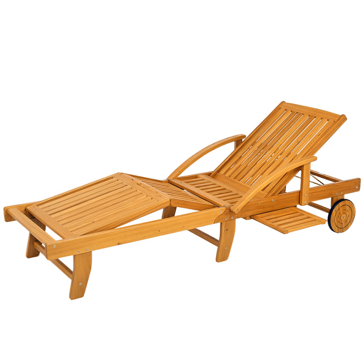 Solseng i træ, foldbar haveliggestol med sidebord, rulle, 4-vejs justerbar ryglæn i teak