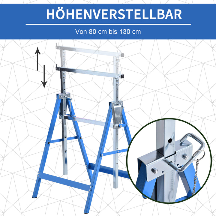 2 X stilladsbukke, foldbar bukke, højdejusterbar op til 200 kg, stålblå, 68 x 58 x 80-130 cm