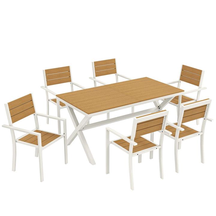 Havemøbelsæt, siddegruppe, 7 dele, bord med 6 stabelbare stole, trælook, aluminiumsstel, teak