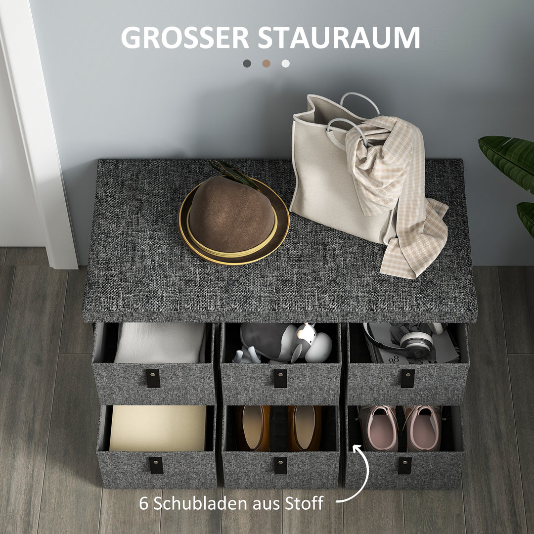 Polstret skobænk, 6 skorum, mdf-stel, linnedlook, grå