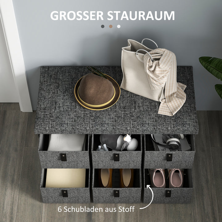 Polstret skobænk, 6 skorum, mdf-stel, linnedlook, grå