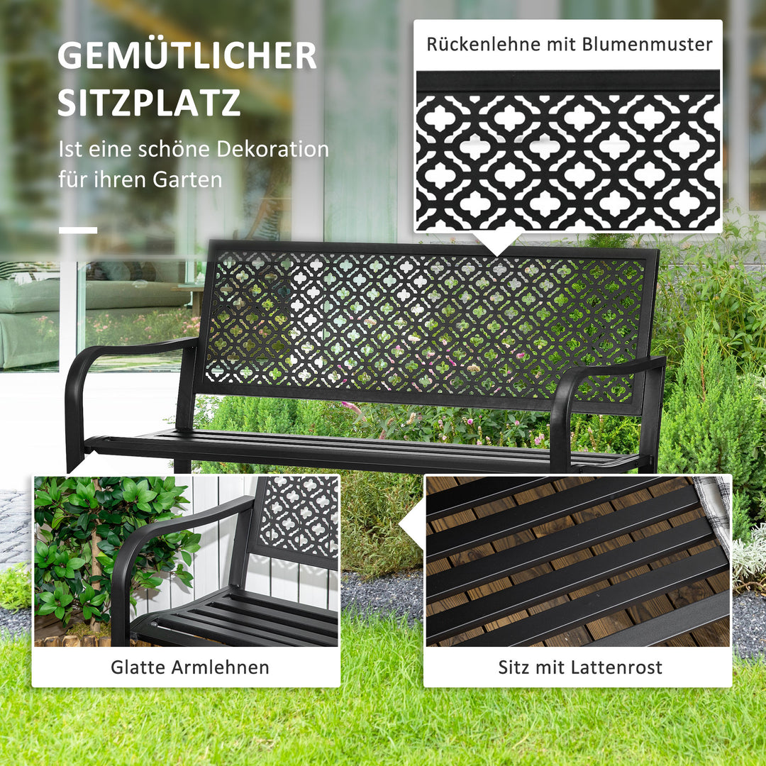 Metal havebænk, 2-personers, blomstermønster, vejrbestandig, 127 x 63 x 83 cm, sort