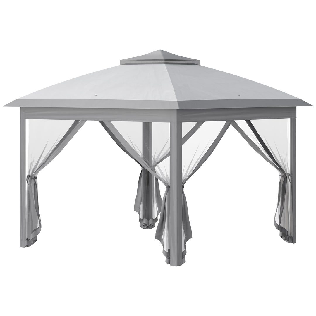 Foldbart lysthus, havelysthus, metal- og stofpresenning, netgardiner, drænhuller, 330L x 330B x 288H cm, grå