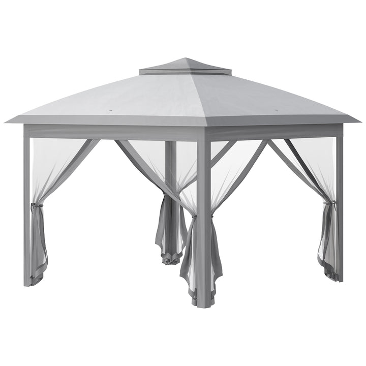 Foldbart lysthus, havelysthus, metal- og stofpresenning, netgardiner, drænhuller, 330L x 330B x 288H cm, grå